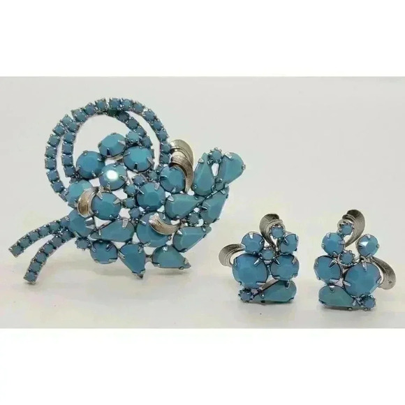 Alice Caviness Rare Set Brooch & Earrings Faux Turquoise Vintage Signed - Picture 3 of 16
